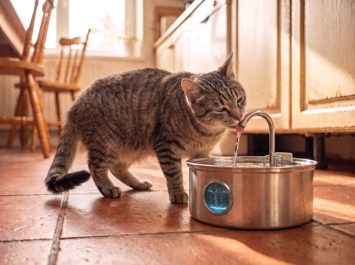 A tabby cat drinking from the Purrsteel stainless steel fountain in a sunlit kitchen